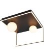 Brandende Trio Arola zwarte plafondlamp met metalen frame met LED rand en twee wit glazen bollon aan een metalen plafondplaat van 37,5 bij 36 cm met schakelaar en DIP schakelaar