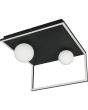 Trio Arola zwarte plafondlamp met metalen frame met LED rand en twee wit glazen bollon aan een metalen plafondplaat van 37,5 bij 36 cm met schakelaar en DIP schakelaar