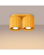 brandende geel geribbelde metalen dubbele plafondlamp met twee kapjes met een diameter van 10 cm met een GU10 lampje