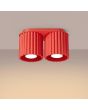 brandende rood geribbelde metalen dubbele plafondlamp met twee kapjes met een diameter van 10 cm met een GU10 lampje