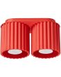 rood geribbelde metalen dubbele plafondlamp met twee kapjes met een diameter van 10 cm met een GU10 lampje