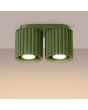 Brandende Sollux Aura olijf groene plafondlamp van 21 cm breed met twee geribbeld cilindervormige kappen naast elkaar met elk een GU10 lamp