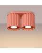 Brandende Sollux Aura perzik kleurige plafondlamp van 21 cm breed met twee geribbeld cilindervormige kappen naast elkaar met elk een GU10 lamp