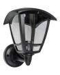 zwarte buitenwandlamp Axis van 17 cm hoog met een staande lantaarn en vier transparante kunststof ruitjes