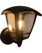 brandende zwarte buitenwandlamp Axis van 17 cm hoog met een staande lantaarn en vier transparante kunststof ruitjes