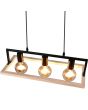 Bovenaanzicht Casalum Bano zwarte hanglamp van 57,5 cm lang met drie hangende globelampen en fsc houten rechthoekig frame eromheen
