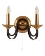 Searchlight Belfry 1842-2BZ klassieke wandlamp met messing wandplaat met trekschakelaar en twee bruine armen met messing kaarslampen