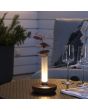 Sfeerfoto van Konstsmide Biarritz vaasje van 20,5 cm hoog met roestbruine voet en mat glazen buisje met LED onderin op een tuintafel
