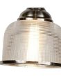 Searchlight Bistro 1683-3SS detailfoto van het glas van de staalkleurige kroonluchter aan een ketting met drie armen met elk een hangend kapje van holofaan glas