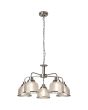 Searchlight Bistro 1685-5SS brandende staalkleurige kroonluchter aan een ketting met vijf armen met elk een hangend kapje van holofaan glas