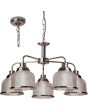 Searchlight Bistro 1685-5SS staalkleurige kroonluchter aan een ketting met vijf armen met elk een hangend kapje van holofaan glas