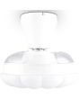 Zijaanzicht Reality Boras witte plafondventilator van 32 cm in diameter met ingeklapte wieken en wit golvende LED unit in het midden