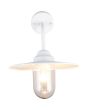 Vooraanzicht brandende Trio Brenta witte wandlamp voor buiten van 32cm hoog met een transparant glas over de lichtbron
