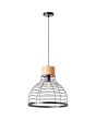 Brilliant Avia 99560/76 brandende industriele hanglamp met zwarte pendel en kap van zwart metaaldraad en houten klos boven de kap