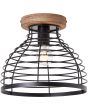 Brilliant Avia 99563/76 brandende industriele plafondlamp met ronde houten plafondplaat en kap van zwart metaaldraad