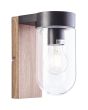 Brilliant Cabar 96372/76 brandende wandlamp voor buiten met een houten wandplaat en zwarte bovenzijde en helder glazen kap voor om de lichtbron