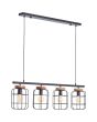 Brilliant Gwen 99798/66 brandende industriele hanglamp met zwarte plafondbalk en vier kappen van stalen spijlen en een houten plaat aan een zwarte stang