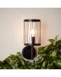 Brilliant Reed 44681/63 sfeerfoto van zwarte staande buiten wandlamp met cilindervormig glas en spijlen aan spachtelputz muur boven planten