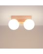 Brandende Sollux Bulbo rechthoekige houten plafondlamp met twee wit bolvormig glazen kappen van 12 cm in diameter