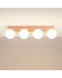 Brandende Sollux Bulbo langwerpige houten plafondlamp van 63 cm lang met vier wit bolvormig glazen kappen van 12 cm in diameter