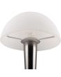 Trio Canaria R59561120 onderaanzicht van de glazen kap van de zwartchroom kleurig tafellampje met half ronde kap van geveegd wit glas