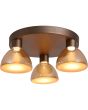 Brandende Searchlight Cannes plafondlamp van 42cm in diameter met koffiebruine plafondplaat en drie amber glazen schaalvormige kapjes