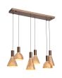 Brandende Searchlight Cannes hanglamp van 96cm in lang met koffiebruine plafondbalk en zes amber glazen kapjes in kegel en schaalvorm