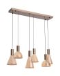 Searchlight Cannes hanglamp van 96cm in lang met koffiebruine plafondbalk en zes amber glazen kapjes in kegel en schaalvorm