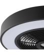Detailfoto van een hoek van de Brilliant Catania zwarte plafondventilator van 48,6 cm in diameter met LED rand rond de ventilator voor RGB licht of CCT wit licht
