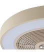 Detailfoto van een hoek van de Brilliant Catania beige plafondventilator van 48,6 cm in diameter met LED rand rond de ventilator voor RGB licht of CCT wit licht
