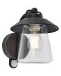 Lutec Cate antiek bruin zwarte wandlamp voor buiten van 22cm hoog met hangende lantaarn van transparant kegelvormig glas