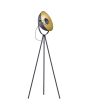 Reality Chewy zwarte tripod van 160 cm hoog met richtbare schaalvormige kap van 40 cm met goudkleurige binnenzijde en zwart metalen afscherming voor de lichtbron voor indict licht via de kap