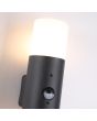 bovenzijde en bevestiging van de zwarte buitenwandlamp colorade van 30 cm hoog met bewegingsmelder en twee opaal witte kappen