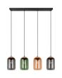 Trio Cork 364600417 hanglamp met zwarte plafondbalk en amber, groen en rookglazen kappen met bovenkant van kurk