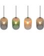 Trio Cork 364600417 bovenaanzicht van hanglamp met amber, groen en rookglazen kappen en bovenkant van kurk