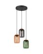 Trio Cork 364630317 hanglamp met ronde zwart plafondplaat en drie pendels met amber, groen en rookglazen kappen met bovenzijde van kurk