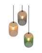 Trio Cork 364630317 bovenaanzicht hanglamp met drie pendels met amber, groen en rookglazen kappen met bovenzijde van kurk