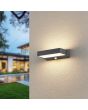 Trio Cuando 226669242 sfeerfoto van brandende antracietgrijze platte wandlamp voor buiten met bewegingsmelder en twee ledpanelen voor up en down light aan een spachtelputz wand