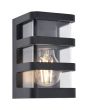 Lutec Dalton zwarte wandlamp voor buiten van 16,5 cm hoog met transparant kunststof en vier zwart kunststof balken eromheen