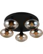 Reality Divina zwarte plafonniere met een diameter van 49 cm en vijf amber glazen kapjes