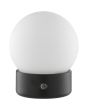 Brilliant Dori zwarte oplaadbare tafellamp van 12,8 cm hoog en 10,5 cm in diameter met bolvormige wit glazen kap
