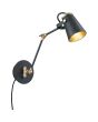 Trio Edward 208870132 zwart met goudkleurige wandspot met scharnierende arm en snoer met stekker