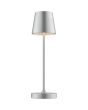 Onderaanzicht brandende Brilliant Elora zilver kleurige oplaadbare tafellamp voor buiten met kunststof bovenzijde voor licht naar boven en beneden met een hoogte van 37 cm en een diameter van 11 cm