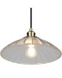 Onderaanzicht brandende Reality Eluna oud brons kleurige hanglamp met een schijfvormige kap van geribbeld helder glas met een diameter van 29,5 cm