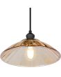 Onderaanzicht Reality Eluna zwarte hanglamp met een schijfvormige kap van geribbeld amber kleurig glas met een diameter van 29,5 cm