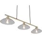 Onderaanzicht Reality Eluna oud brons kleurige hanglamp van 100 cm lang met drie schijfvormige kappen van geribbeld helder glas met een diameter van 25 cm