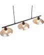 Bovenaanzicht kappen van de Reality Eluna zwarte hanglamp van 100 cm lang met drie schijfvormige kappen van amber kleurig geribbeld glas met een diameter van 25 cm