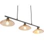 Onderaanzicht kappen van de Reality Eluna zwarte hanglamp van 100 cm lang met drie schijfvormige kappen van amber kleurig geribbeld glas met een diameter van 25 cm