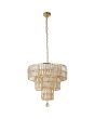 Searchlight Empire 1375-5SB messing hanglamp met drie kleiner wordende ringen van champagne kleurige kristallen staafjes en een kristallen druppel onderaan