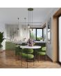 Sfeerfoto van twee Sollux Estria olijf groen met beige hanglampen met een geribbelde fittinghouder en een kegelvormige kapje met een diameter van 14cm boven een aanrecht met een drie lichts versie boven een eettafel